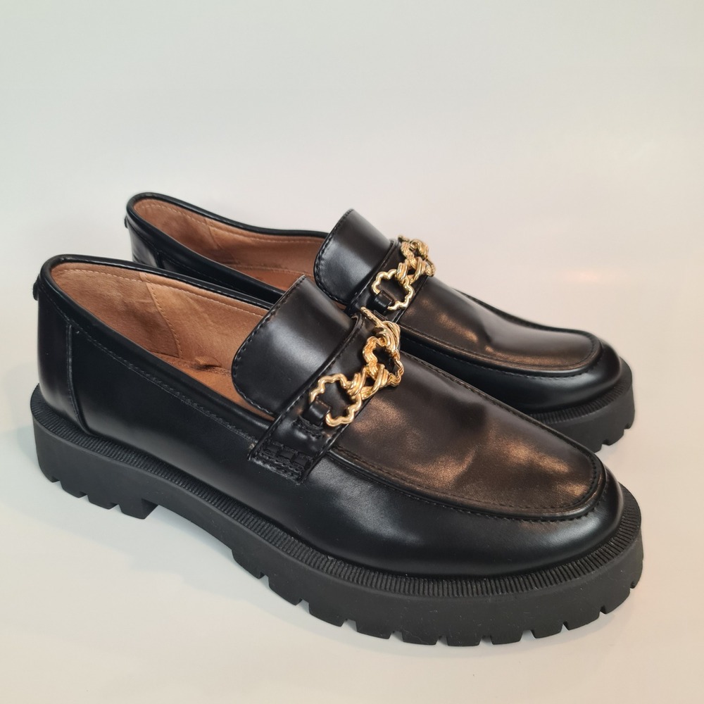 Sam & Libby Womens Black Platform Loafers Gold Chain Lug Sole Size 11 Academia